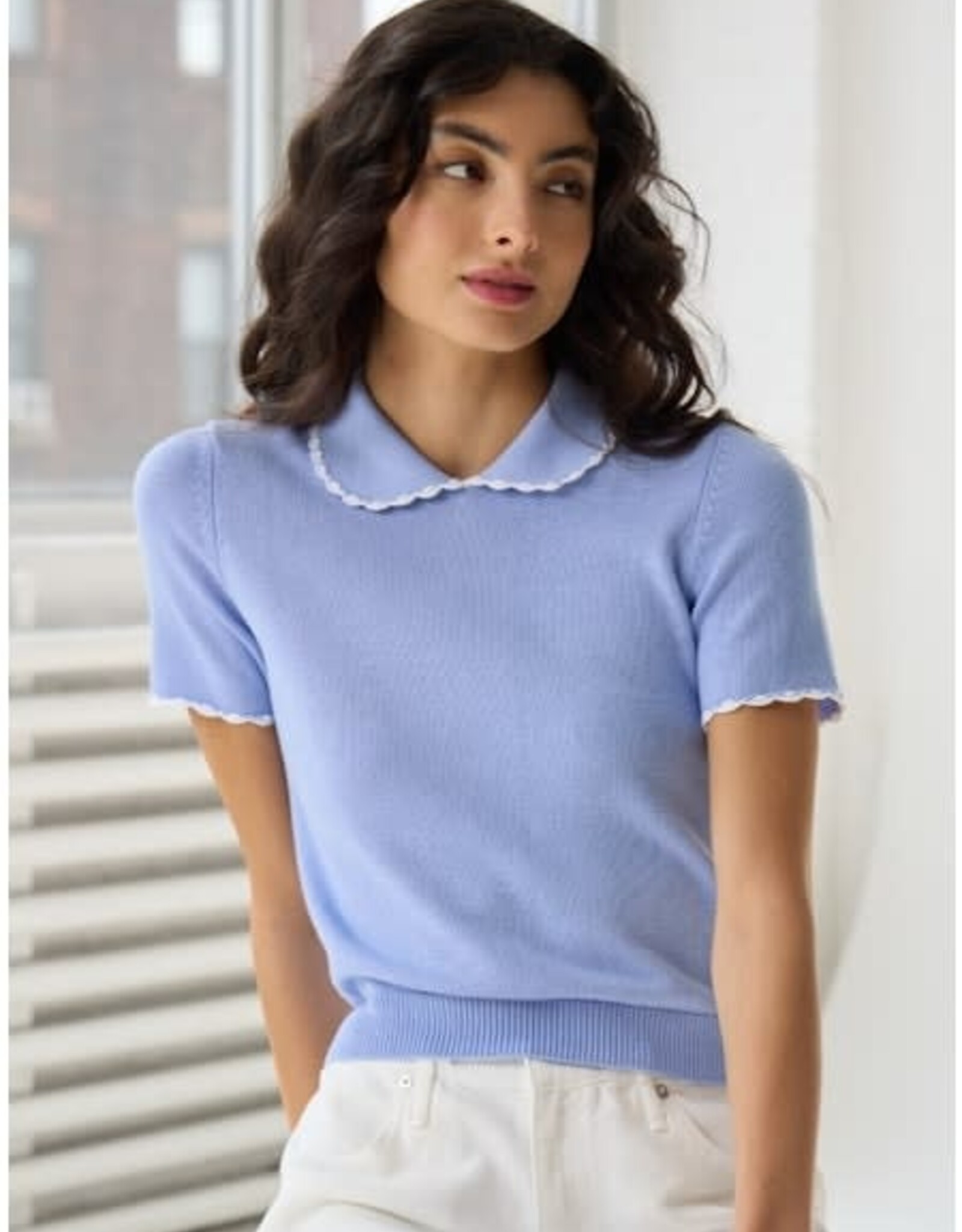 Autumn Cashmere Collar Top w/Crochet Edged