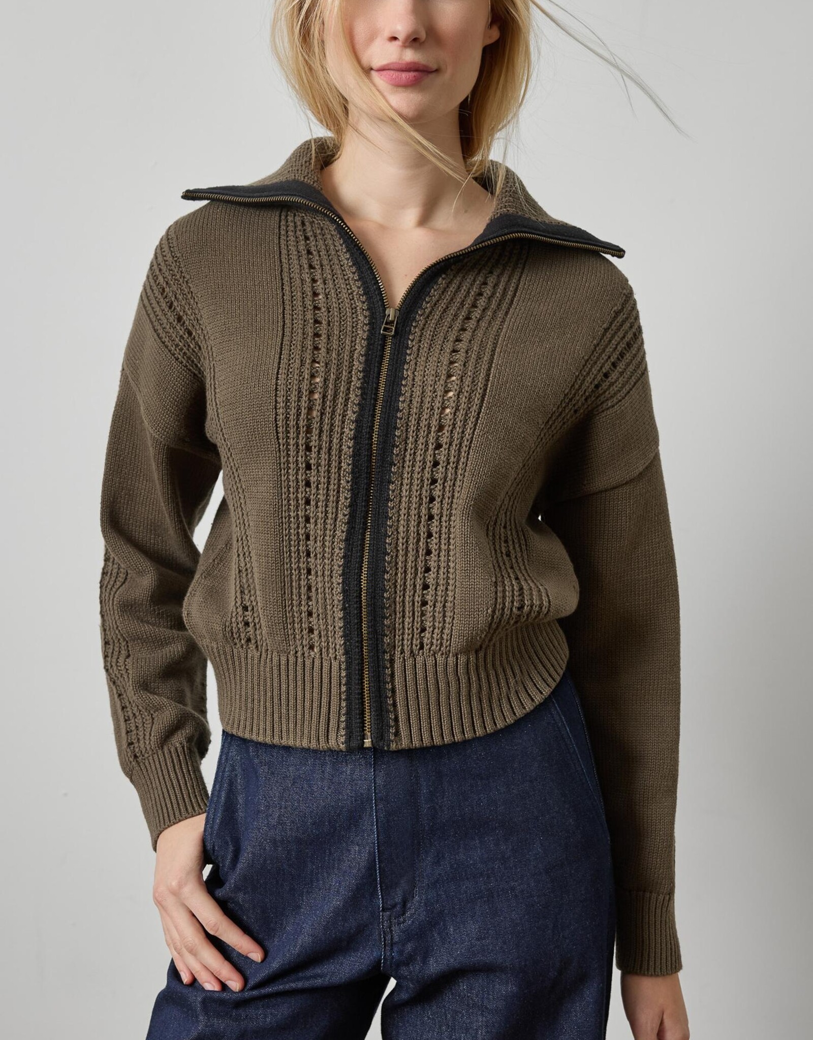 Lilla P Contrast Collar Zip Cardi PA3502