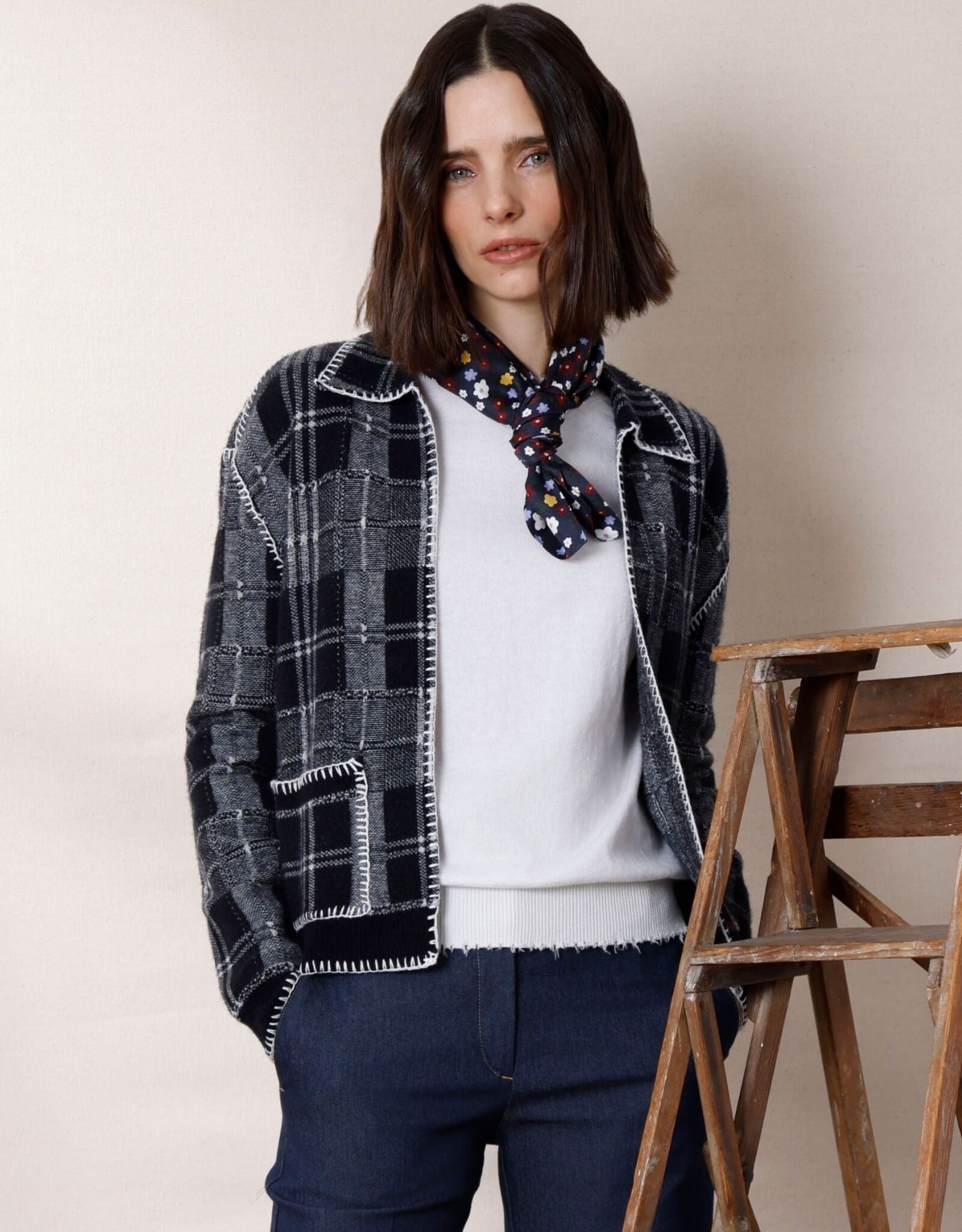 MINNIE ROSE Plaid Collar Cardi 9925