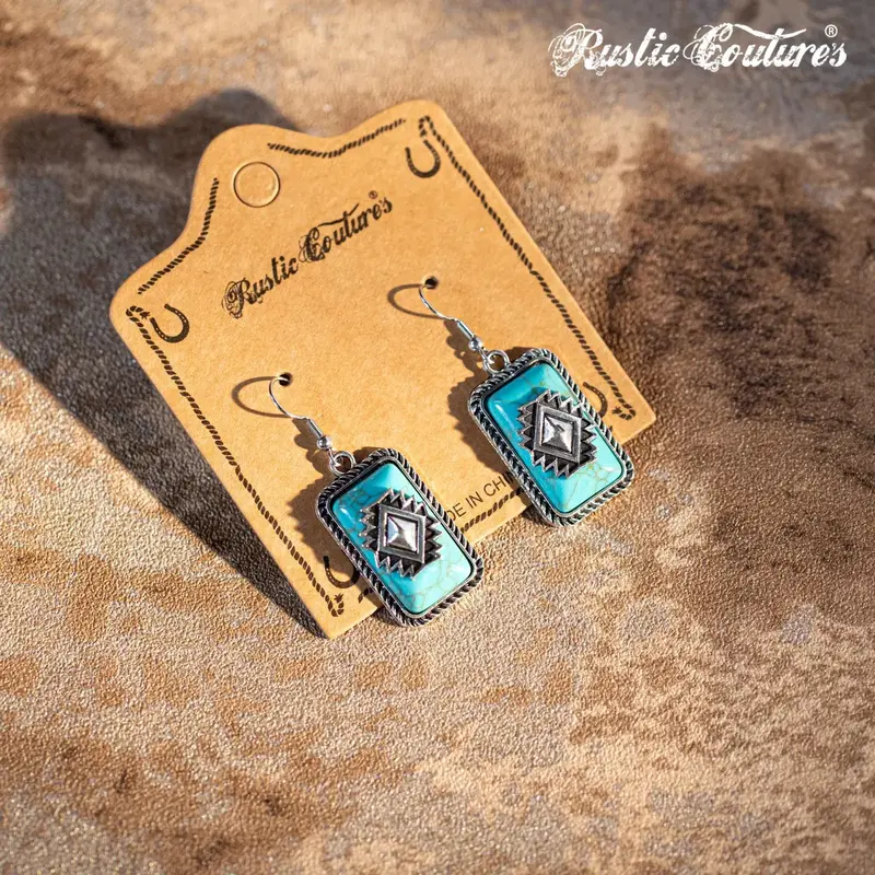 Rustic Couture Rustic Couture RCE-1082TQ Bohemian Rectangle Dangle Silver/Bronze Aztec Symbol Synthetic Turquoise Stone Earring - Turquoise
