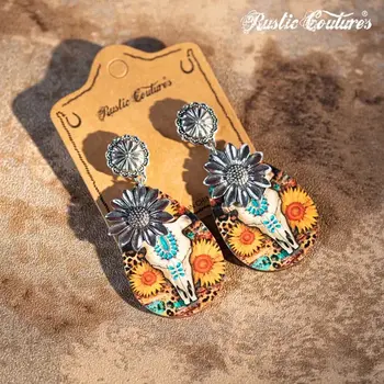 Rustic Couture Rustic Couture RCE-1046BZ Metal Sunflower Wood Painted Bull Skull Sunflower Dangling Earring - Bronze