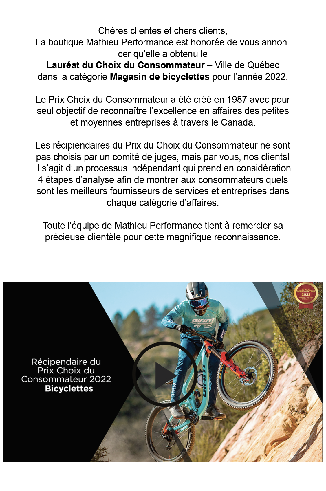 Mathieu Performance - Choix du Consommateur 2022 - Boutique de vélo -  Mathieu