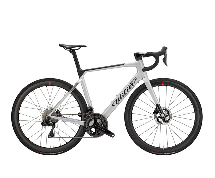 Vélo de route électrique Wilier Filante Hybrid gris et noir avec roues carbone, vu de profil sur fond blanc.