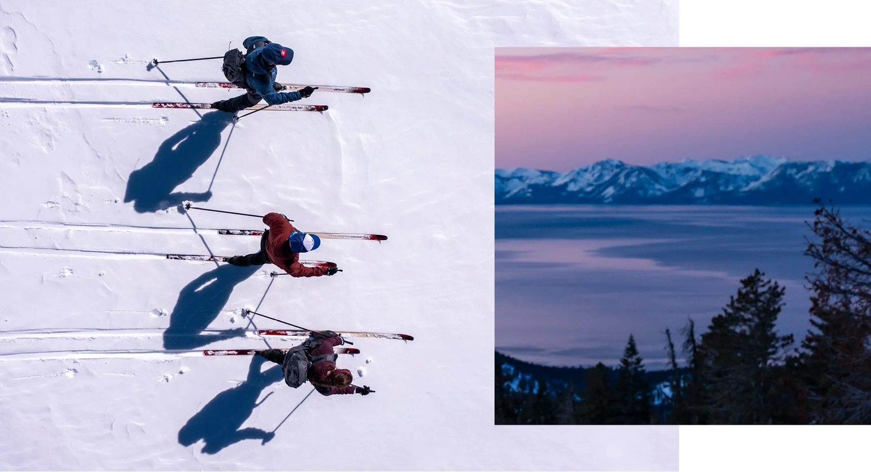 Vue en plongé de trois skieurs pratiquant le ski de fond classique.
