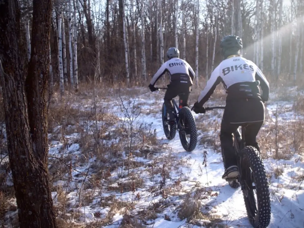 Deux cyclistes roulant avec leur fat bike sur la neige dans une forêt.