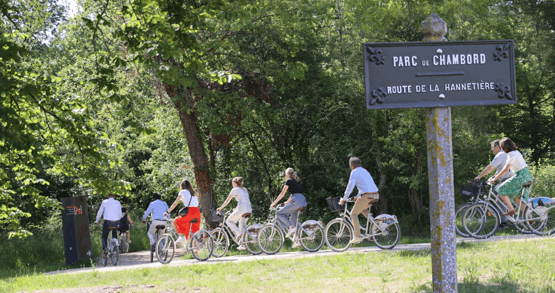 Plusieurs cyclistes se suivant sur la piste cyclable de Chambord.