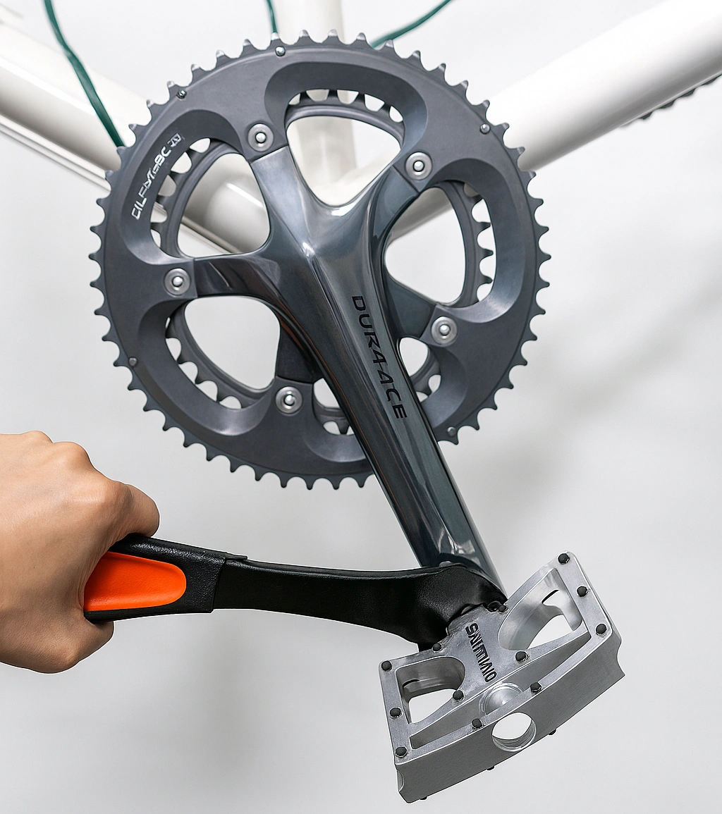 Main installant une pédale avec un outil Multitool compact sur un vélo de route avant une sortie à vélo.