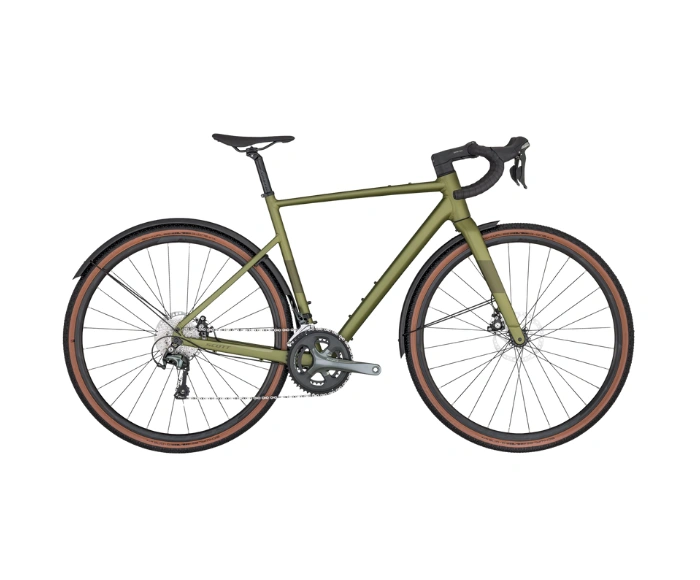 Vélo gravel électrique Scott Solace eRide vert mat avec pneus à flancs beiges, vu de profil sur fond blanc.
