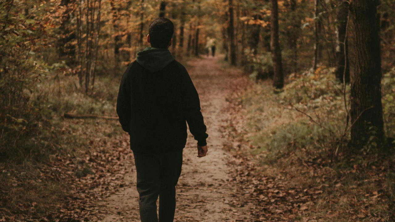 jeune homme qui marche en forêt