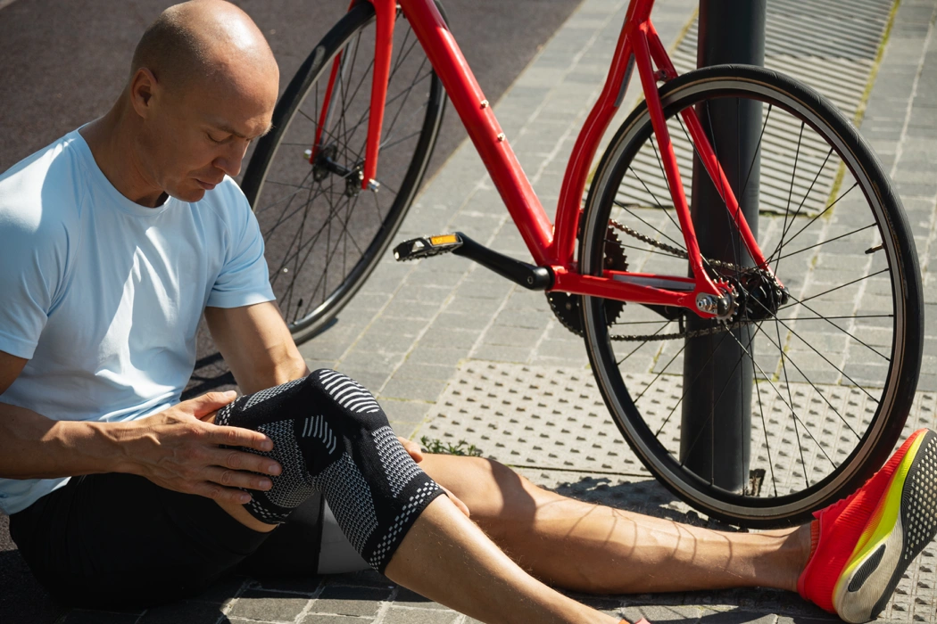 Cycliste assis au sol près de son vélo en tenant son genou douloureux après une sortie.