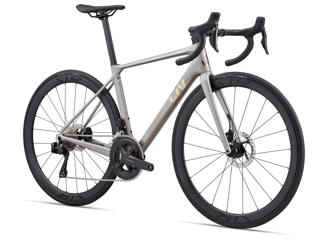 Liv Langma Advanced 0 beige vu de trois quarts avant avec cadre carbone.