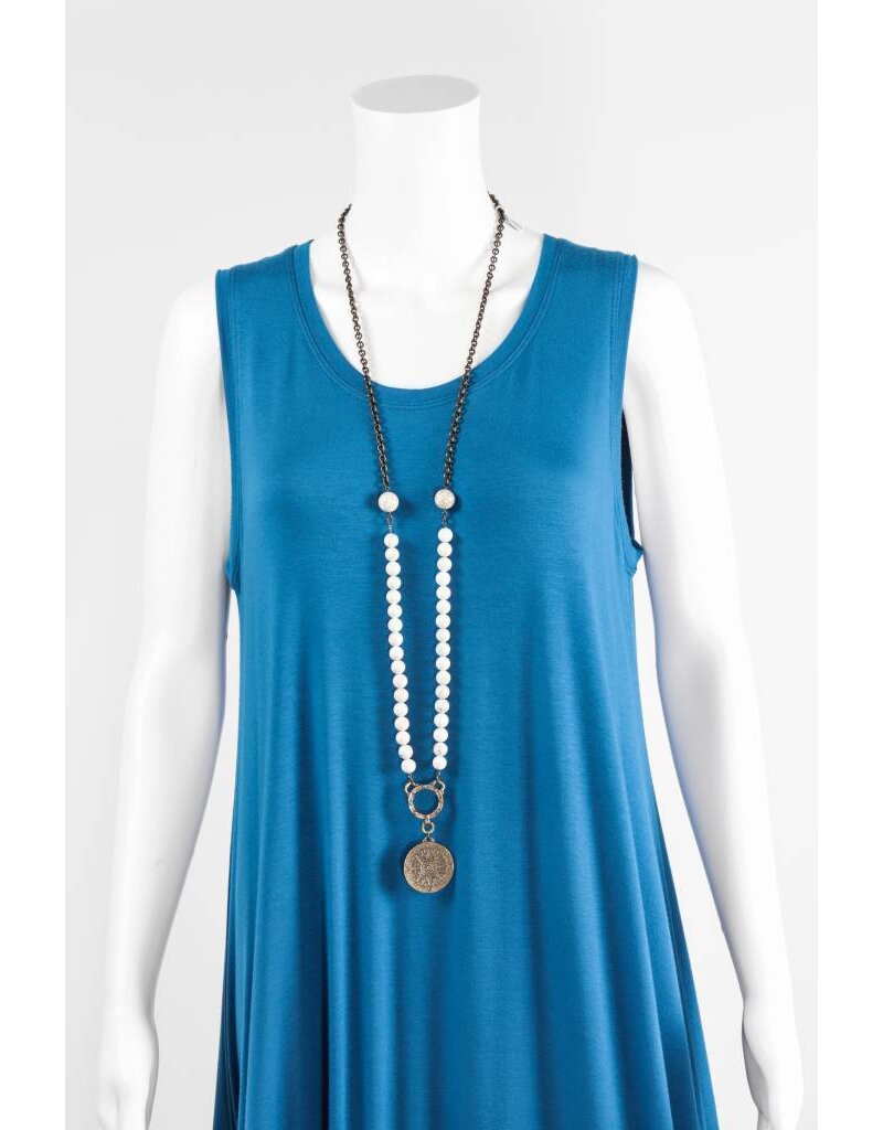 French Kande White Beads With Compass Medallion Necklace