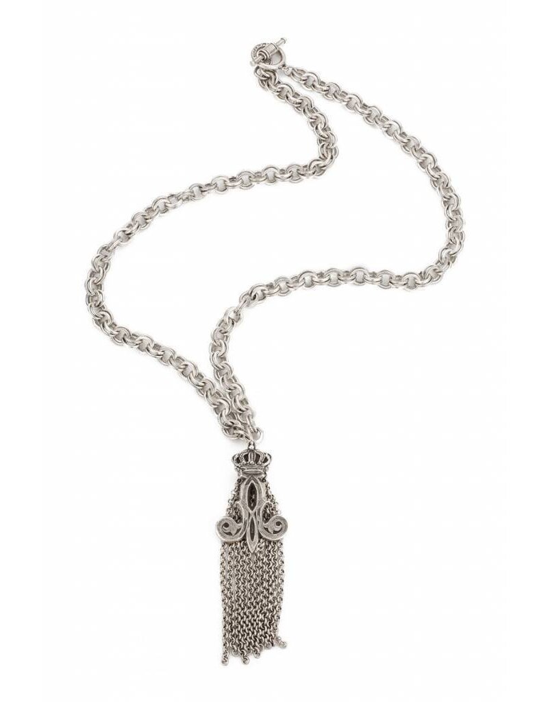 French Kande Stirling Clad Chain With Crown Tassel Necklace
