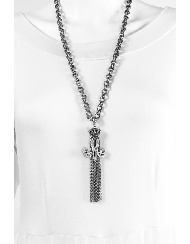 French Kande Stirling Clad Chain With Crown Tassel Necklace