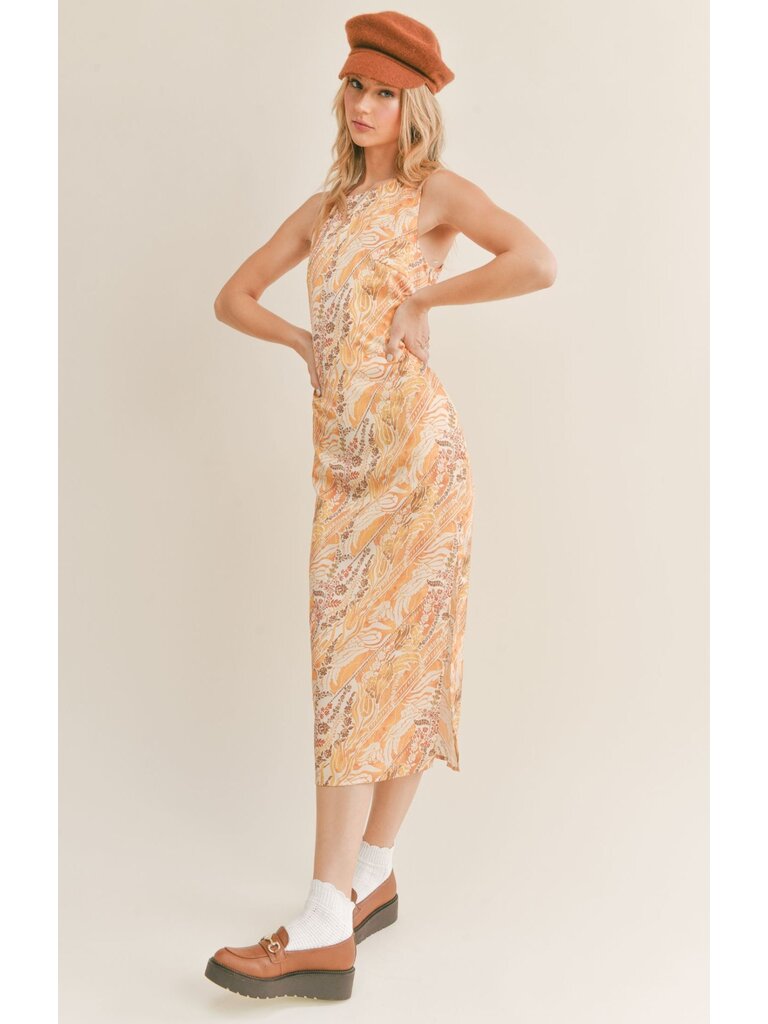 Sage The Label Gold Silk Print Midi