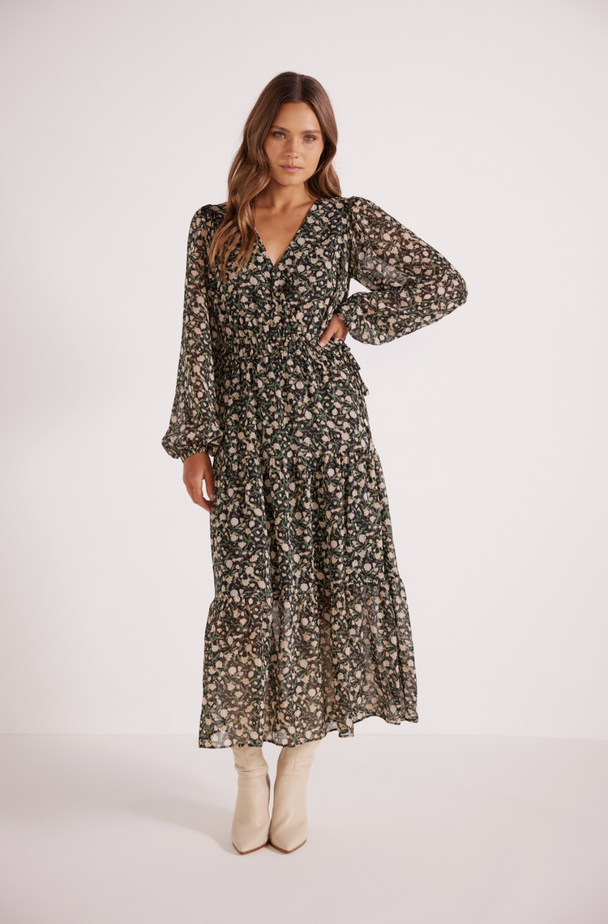 Sheer sleeve floral clearance dress