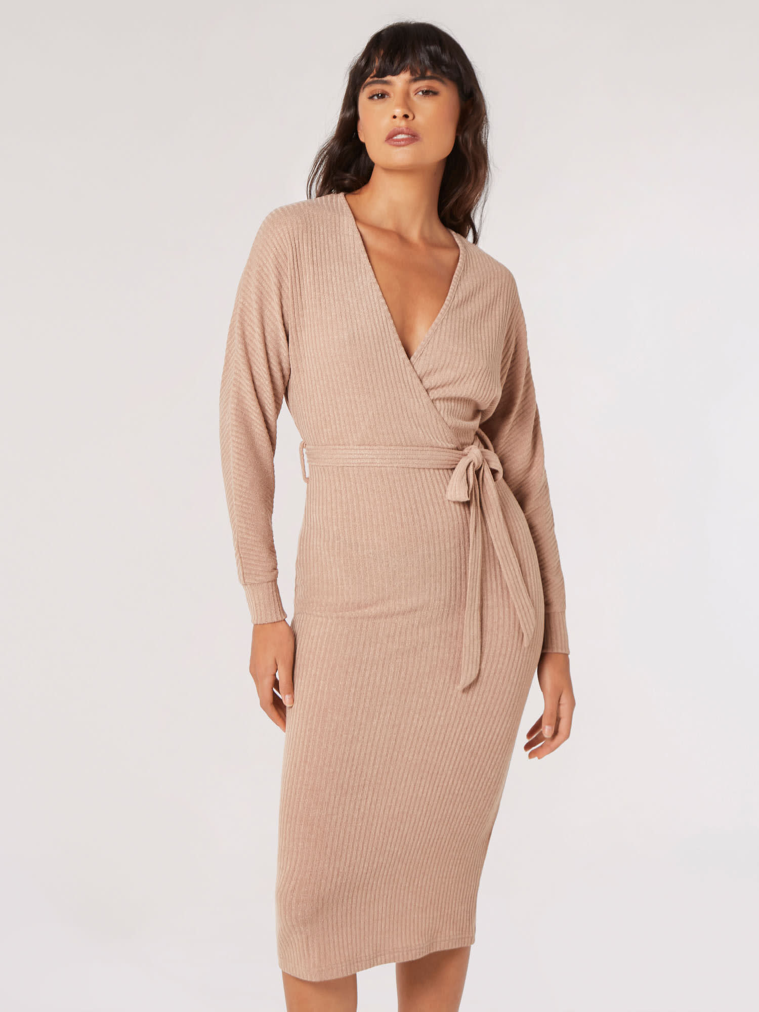 Wrap-Front Soft Ribbed Midi Dress