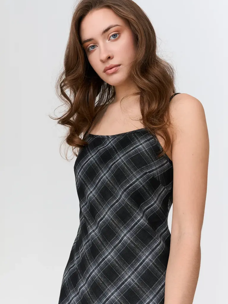 24 Colours Dark Plaid Slip Dress