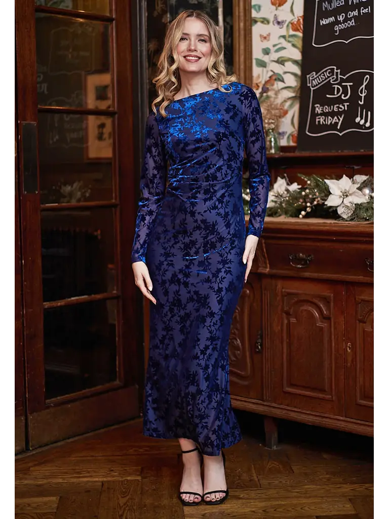 Angel Eyes Navy Floral Velvet Dress