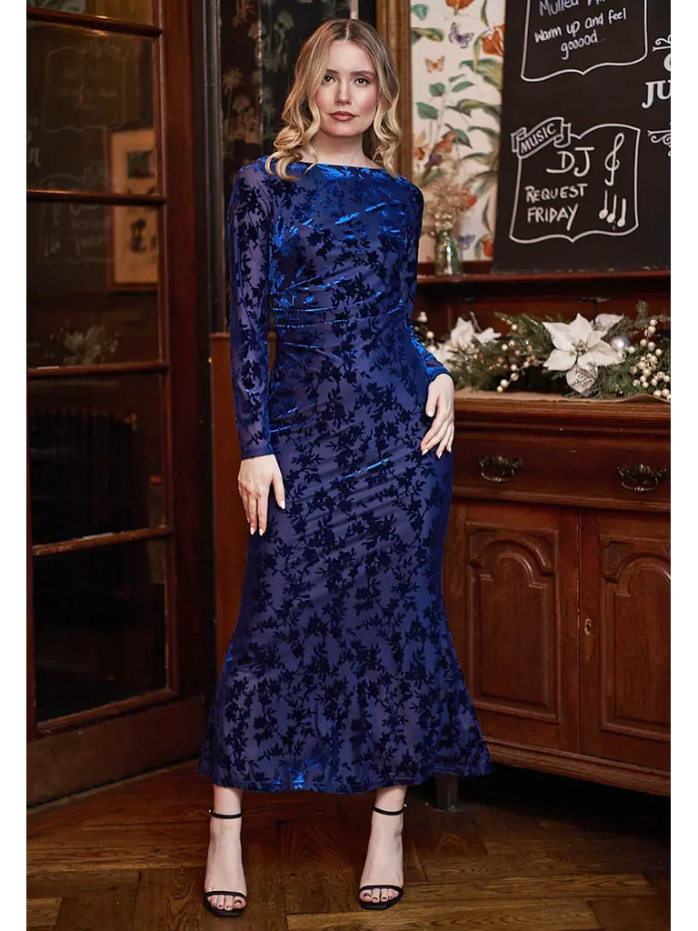 Angel Eyes Navy Floral Velvet Dress