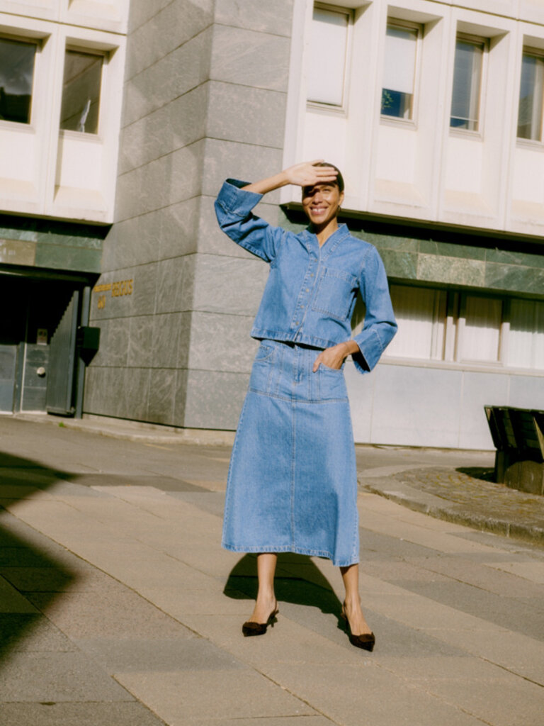 B. Young Kacey Collar-less Denim Shirt