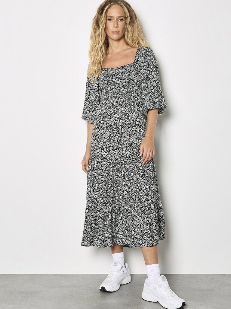 Apricot Black Smocked Floral Dress