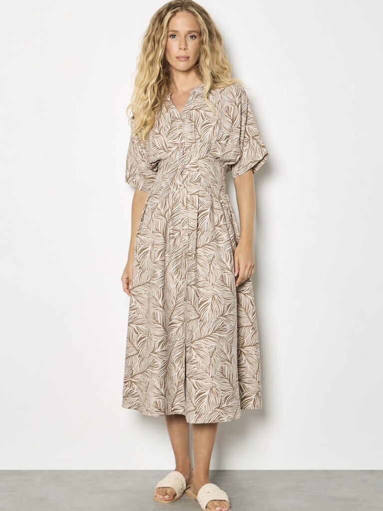 Apricot Beige Leaf Print Midi