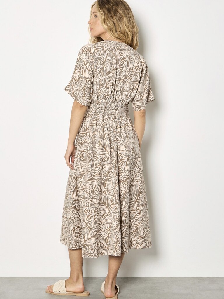 Apricot Beige Leaf Print Midi