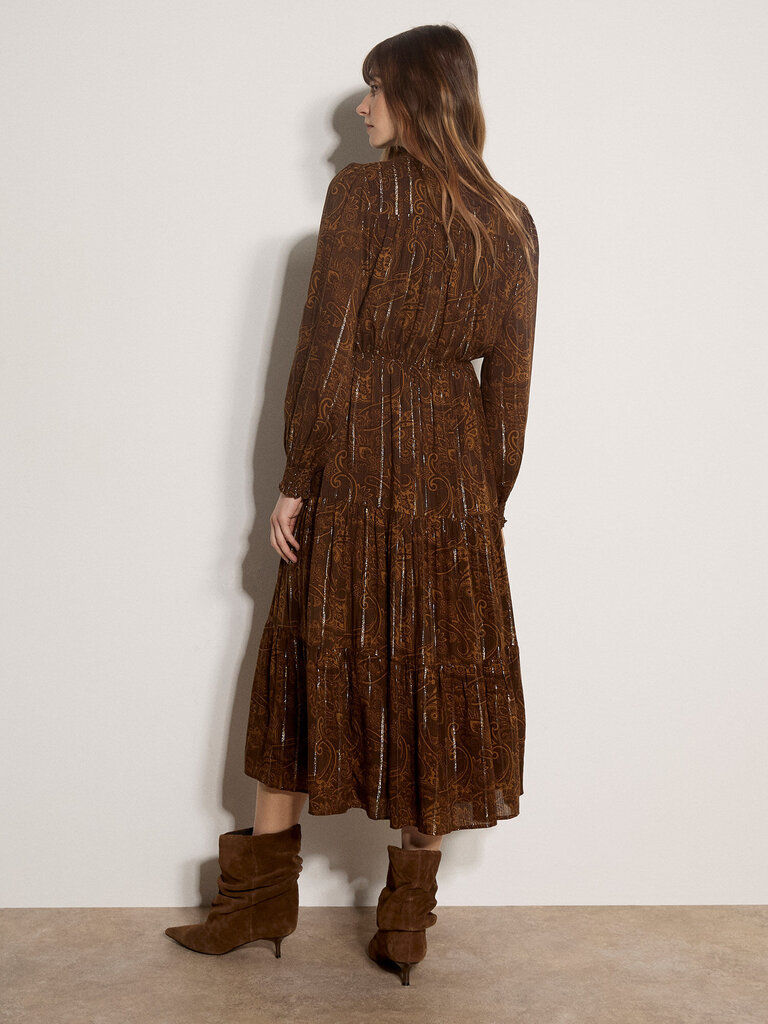 Apricot Brown Paisley Metallic Midi