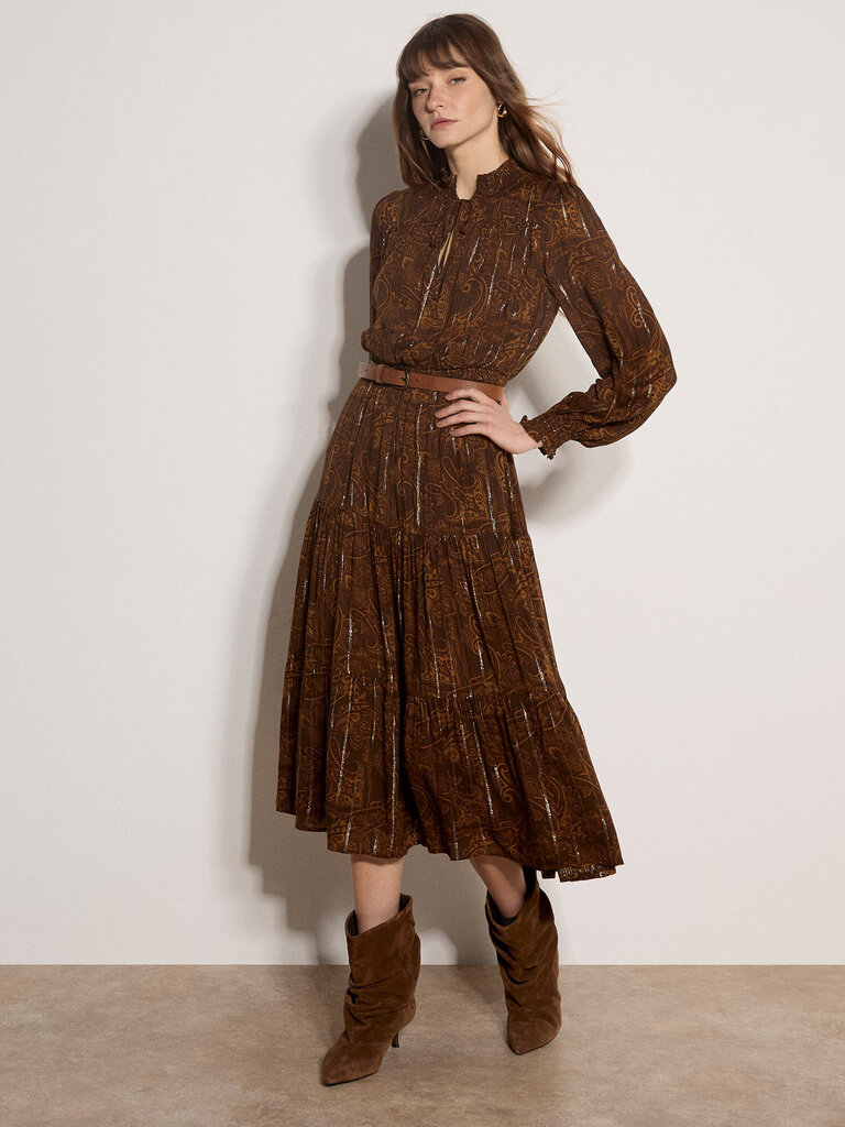 Apricot Brown Paisley Metallic Midi