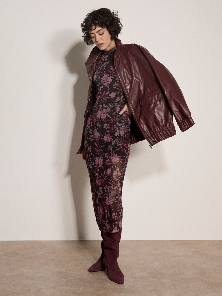 Apricot Burgundy Floral Mesh Midi