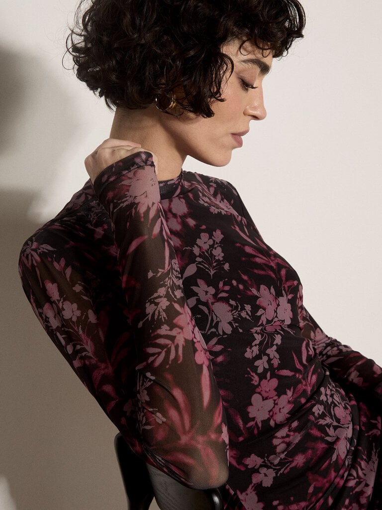 Apricot Burgundy Floral Mesh Midi