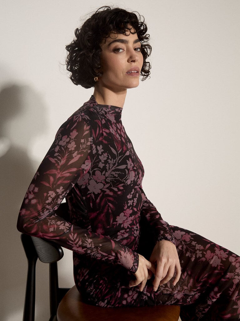 Apricot Burgundy Floral Mesh Midi