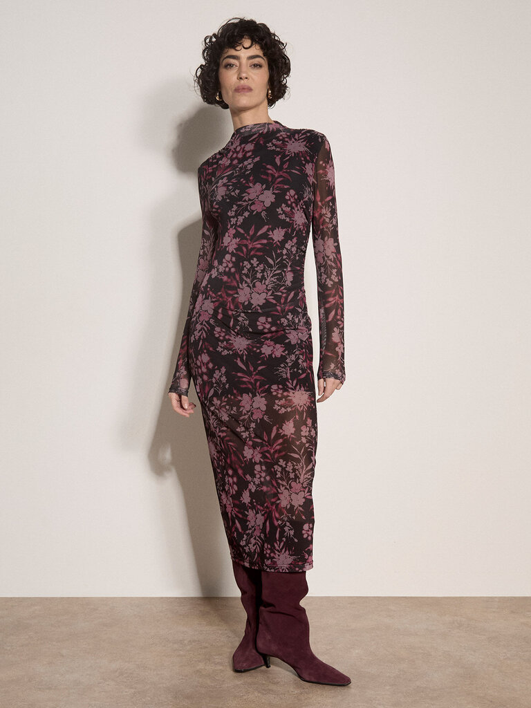 Apricot Burgundy Floral Mesh Midi