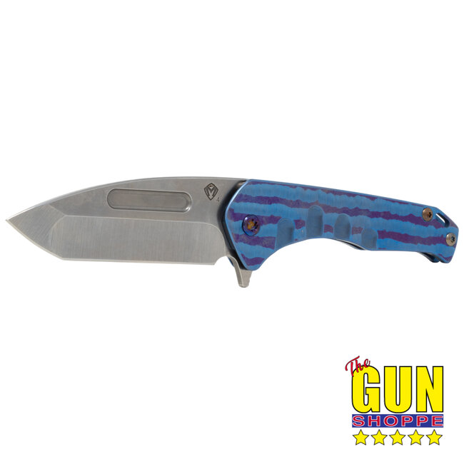 Medford Knife & Tool Slim Flipper - S35VN Tumbled Tanto Blade, Light Blue/Violet "Bark" Handles, Flamed Hardware and Clip