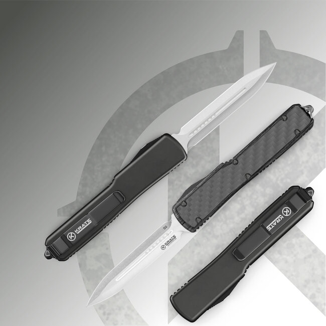 Krate Tactical “The Parallax” OTF knife is light and intended for everyday carry. Crafted with durable, corrosion-resistant D2 steel, this versatile tanto blade is ready for action in nearly any environmental condition. Unlike polished OTF knife blades, a matte scratch-