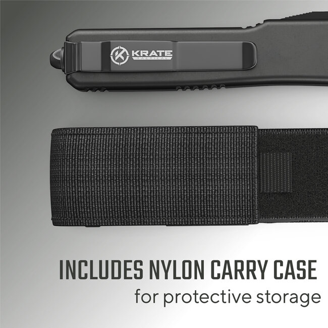 Krate Tactical “The Parallax” OTF knife is light and intended for everyday carry. Crafted with durable, corrosion-resistant D2 steel, this versatile tanto blade is ready for action in nearly any environmental condition. Unlike polished OTF knife blades, a matte scratch-