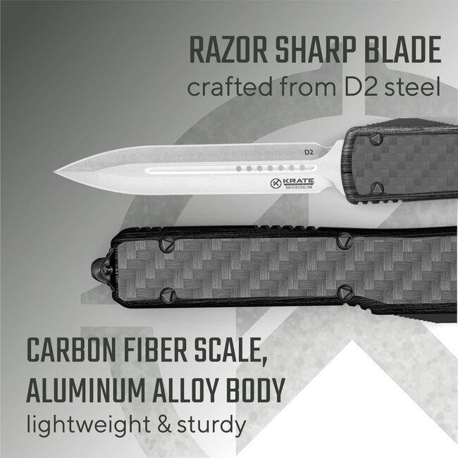 Krate Tactical “The Parallax” OTF knife is light and intended for everyday carry. Crafted with durable, corrosion-resistant D2 steel, this versatile tanto blade is ready for action in nearly any environmental condition. Unlike polished OTF knife blades, a matte scratch-
