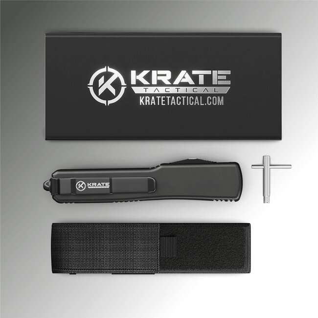 Krate Tactical “The Parallax” OTF knife is light and intended for everyday carry. Crafted with durable, corrosion-resistant D2 steel, this versatile tanto blade is ready for action in nearly any environmental condition. Unlike polished OTF knife blades, a matte scratch-