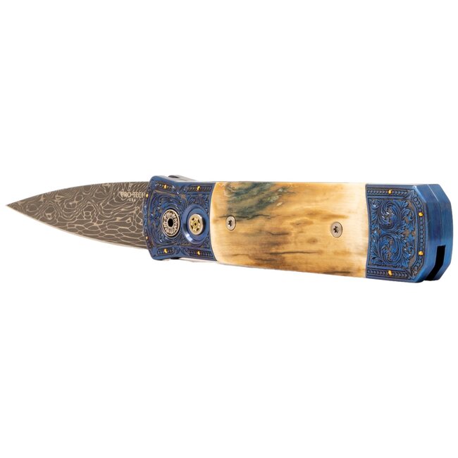 Pro-Tech 2024 Godson Custom 008, Blue & Gold with Damascus Blade