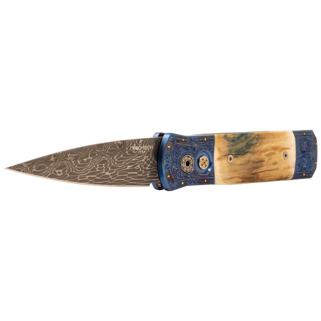 Pro-Tech 2024 Godson Custom 008, Blue & Gold with Damascus Blade