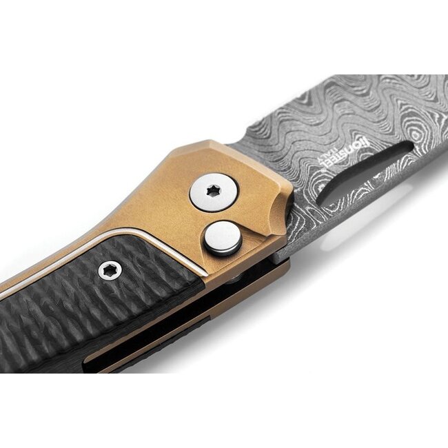 LionSTEEL LionSTEEL Twain Damascus Knife – Bronze Ti, Carbon Fiber, 3.13" Blade