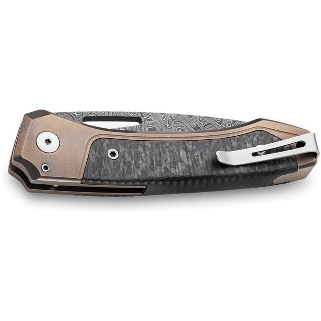 LionSTEEL LionSTEEL Twain Damascus Knife – Bronze Ti, Carbon Fiber, 3.13" Blade