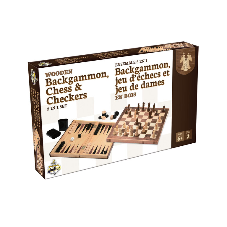 Ensemble 3-en-1 - Backgammon/Échecs/Dames en bois