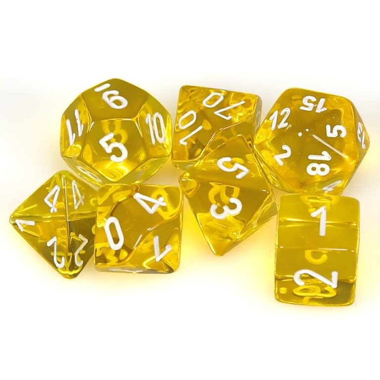 Chessex 7 dés polyédriques transparents jaune avec chiffres blancs
