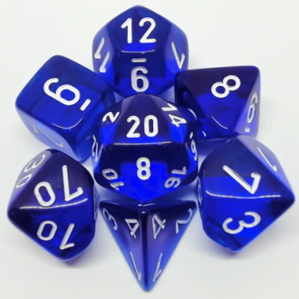 Chessex 7 dés polyédriques transparents bleu avec chiffres blancs