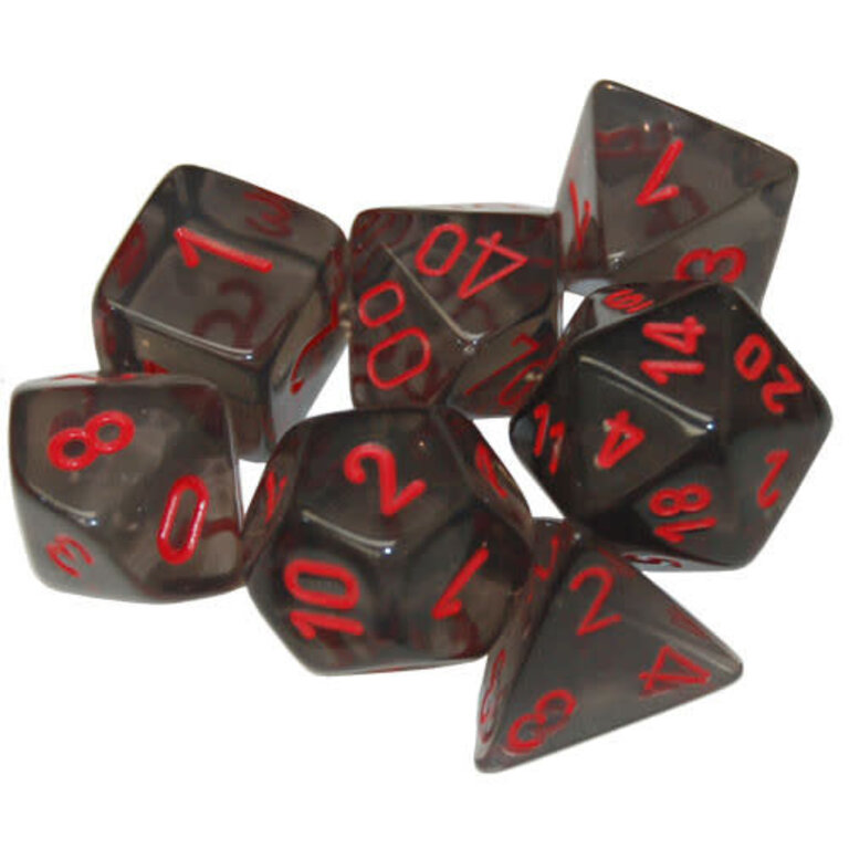 Chessex 7 dés polyédriques transparents fumée avec chiffres rouges