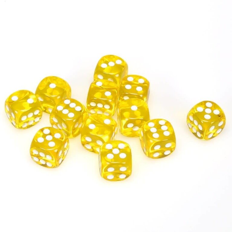 Chessex 12 dés 6 16mm transparents jaune avec points blancs