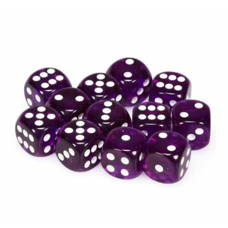 Chessex 12 dés 6 16mm transparents violet avec points blancs