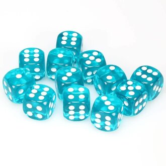 Chessex 12 dés 6 16mm transparents sarcelle avec points blancs